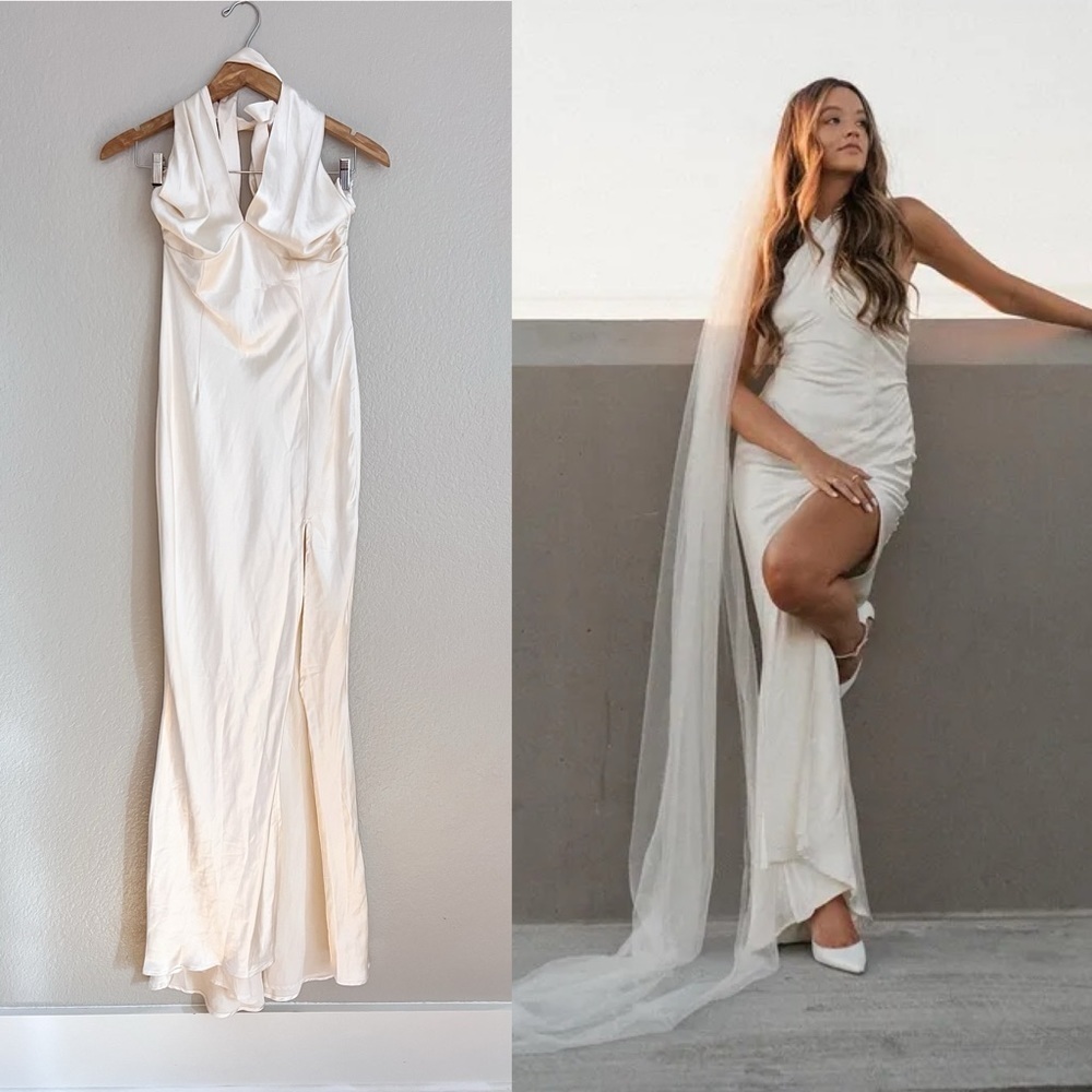 NWOT Start of Forever Ivory Satin Halter Mermaid Maxi Dress